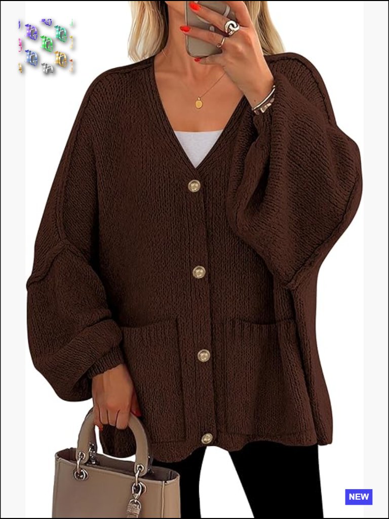 Chunky Cardigan Sweater Oversized V Neck Button Down Lantern Sleeve Knit Coat